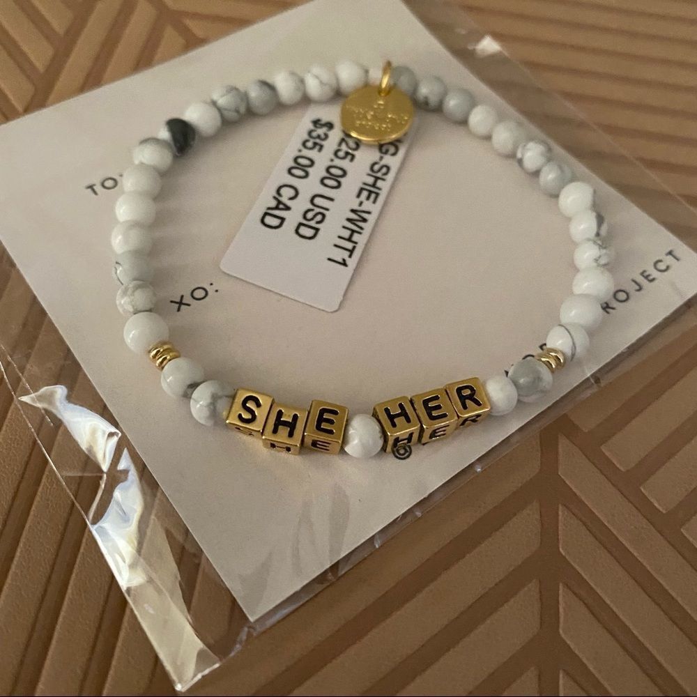 Little Words Project Bracelet She Her Stretch Beaded Gold Marble Neutral Casual - Picture 3 of 5